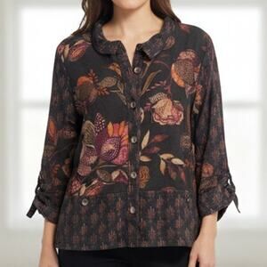 Parsley & Sage Mixed Print Top Womens Large Black Floral Button Lagenlook Dark